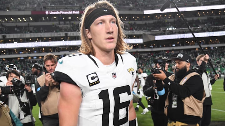 Nov 3, 2024; Philadelphia, Pennsylvania, USA; Jacksonville Jaguars quarterback Trevor Lawrence (16) on the field after loss to the Philadelphia Eagles at Lincoln Financial Field. Mandatory Credit: Eric Hartline-Imagn Images