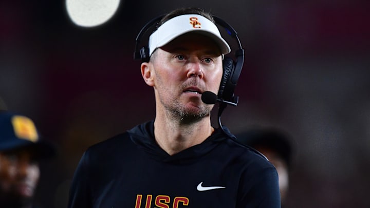 Nov 7, 2025; Los Angeles, California, USA; Southern California Trojans head coach Lincoln Riley watches game action against the Northwestern Wildcats during the second half at the Los Angeles Memorial Coliseum. Mandatory Credit: Gary A. Vasquez-Imagn Images