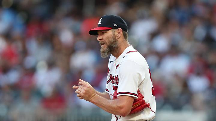 Jun 4, 2026; Cumberland, Georgia, USA; Atlanta Braves pitcher Chris Sale (51) looks on during the first inning against the Toronto Blue Jays at Truist Park. Mandatory Credit: Mady Mertens-Imagn Images