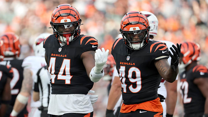 Dec 28, 2025; Cincinnati, Ohio, USA; Cincinnati Bengals linebacker Demetrius Knight Jr. (44) and Cincinnati Bengals linebacker Barrett Carter (49) react after a play during the second half against the Arizona Cardinals at Paycor Stadium. Mandatory Credit: Joseph Maiorana-Imagn Images