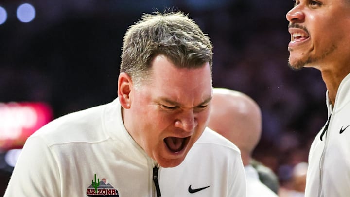 Mar 2, 2026; Tucson, Arizona, USA; Arizona Wildcats head coach Tommy Lloyd reacts during the second half of the game against the Iowa State Cyclones at McKale Memorial Center. Mandatory Credit: Aryanna Frank-Imagn Images