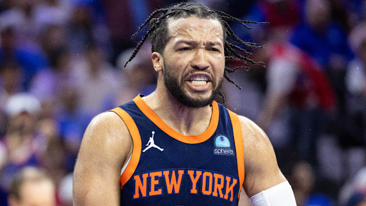 Apr 28, 2024; Philadelphia, Pennsylvania, USA; New York Knicks guard Jalen Brunson (11) reacts after scoring against the Philadelphia 76ers during the fourth quarter of game four of the first round in the 2024 NBA playoffs at Wells Fargo Center. Mandatory Credit: Bill Streicher-Imagn Images