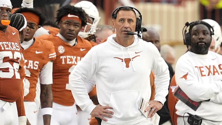 Texas Longhorns head coach Steve Sarkisian observes the second half against the Vanderbilt Commodores at Darrell K Royal-Texas Memorial Stadium. 