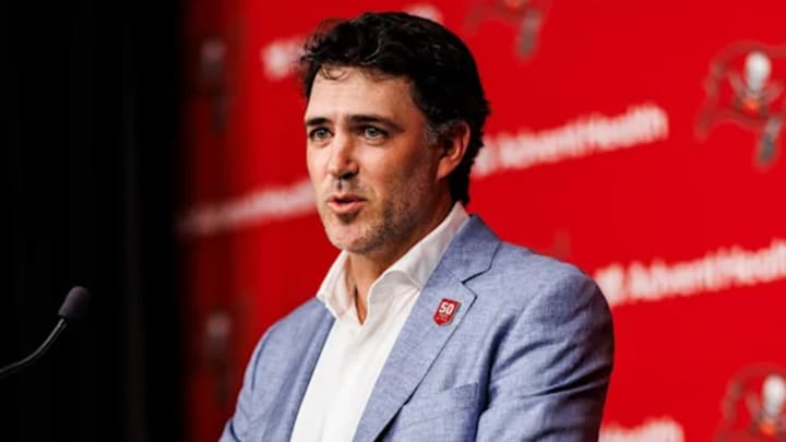 TAMPA, FL - January 27, 2026 - Offensive Coordinator Zac Robinson of the Tampa Bay Buccaneers during his introductory press conference at AdventHealth Training Center. Photo By Tori Richman/Tampa Bay Buccaneers