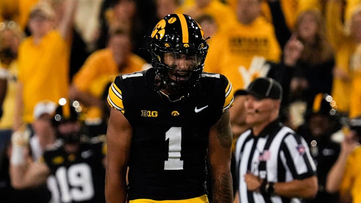Iowa Hawkeyes defensive back Xavier Nwankpa (1) reacts during a college football game against the Penn State Nittany Lions Oct. 18, 2025 at Kinnick Stadium in Iowa City, Iowa. Iowa Hawkeyes defensive back Xavier Nwankpa (1) reacts during a college football game against the Penn State Nittany Lions Oct. 18, 2025 at Kinnick Stadium in Iowa City, Iowa.