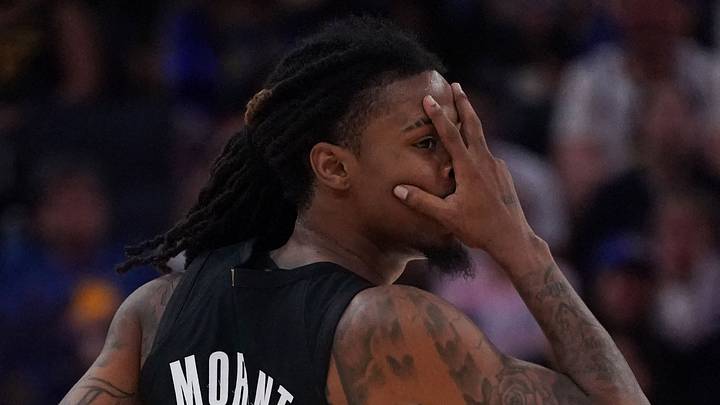 Oct 16, 2026; San Francisco, California, USA;  Portland Trail Blazers guard Ja Morant (1) makes a three-point shot against the Golden State Warriors in the third quarter at Chase Center.  Mandatory Credit: David Gonzales-Imagn Images