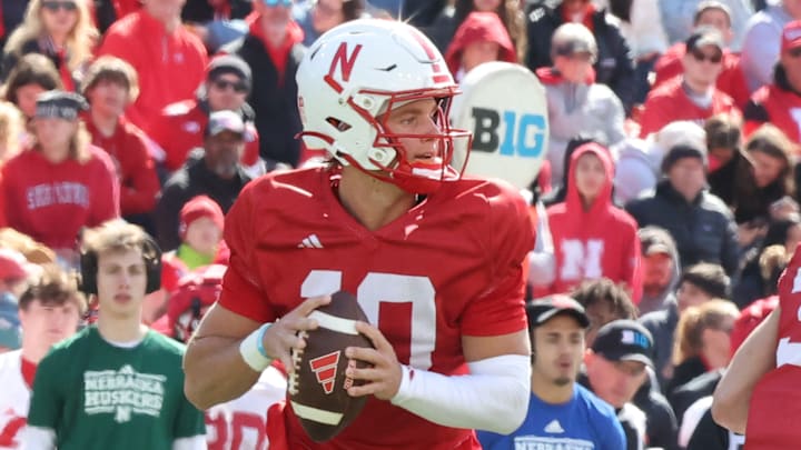 Nebraska quarterback Anthony Colandrea looks for a receiver in the Red-White Spring Game.