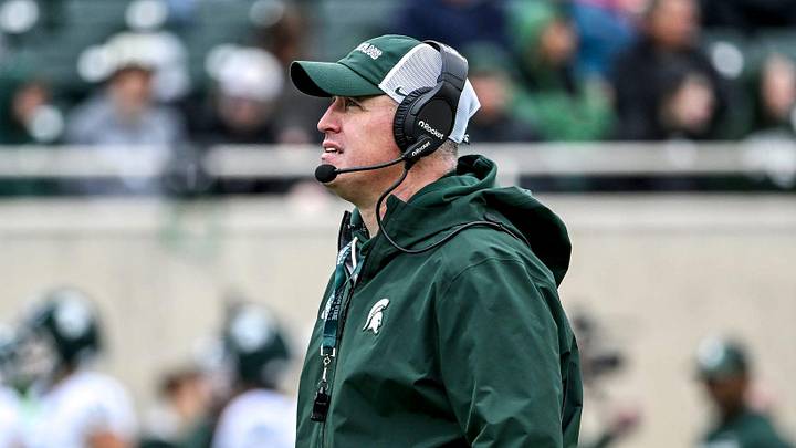 Michigan State's head coach Pat Fitzgerald looks on during the football Spring Showcase on Saturday, April 18, 2026, at Spartan Stadium in East Lansing. Michigan State's head coach Pat Fitzgerald looks on during the football Spring Showcase on Saturday, April 18, 2026, at Spartan Stadium in East Lansing.