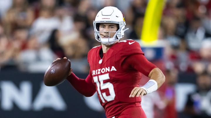 Aug 23, 2025; Glendale, Arizona, USA; Arizona Cardinals quarterback Clayton Tune (15) against the Las Vegas Raiders during a preseason NFL game at State Farm Stadium. Mandatory Credit: Mark J. Rebilas-Imagn Images