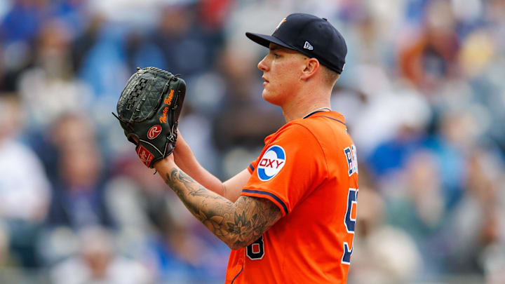 Apr 27, 2025; Kansas City, Missouri, USA; Houston Astros pitcher Hunter Brown (58) on the mound during the third inning against the Kansas City Royals  at Kauffman Stadium. 
