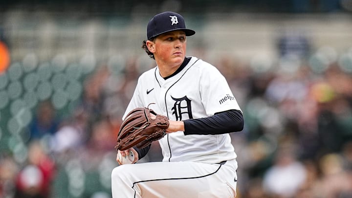 Detroit Tigers pitcher Reese Olson (45) throws against Chicago White Sox during the first inning at Comerica Park in Detroit on Saturday, April 5, 2025.