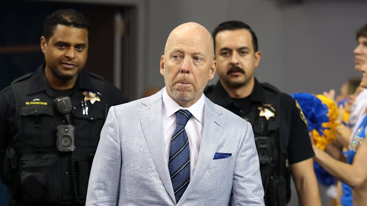 Nov 7, 2025; Los Angeles, California, USA;  UCLA Bruins head coach Mick Cronin walks to the court prior to the game against the Pepperdine Waves at Pauley Pavilion presented by Wescom Financial. Mandatory Credit: Kiyoshi Mio-Imagn Images