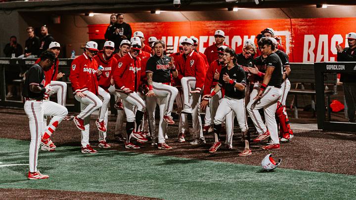 Sherman Johnson (far left) celebrates with his team after hitting a home run in NC State's 7-4 win over UNC-Wilmington on Tuesday, April 7, 2026. 