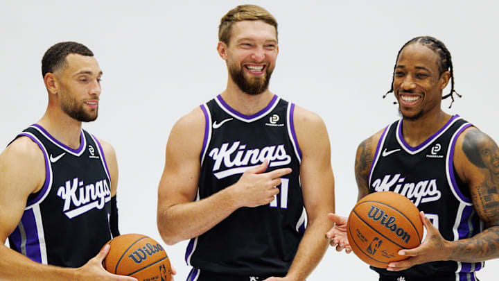 Sep 29, 2025; Sacramento, CA, USA; Sacramento Kings guard Zach LaVine (8), forward Domantas Sabonis (11), and forward DeMar DeRozan (10) pose for a photo during media day at Golden 1 Center. Mandatory Credit: Sergio Estrada-Imagn Images Sep 29, 2025; Sacramento, CA, USA; Sacramento Kings guard Zach LaVine (8), forward Domantas Sabonis (11), and forward DeMar DeRozan (10) pose for a photo during media day at Golden 1 Center. Mandatory Credit: Sergio Estrada-Imagn Images