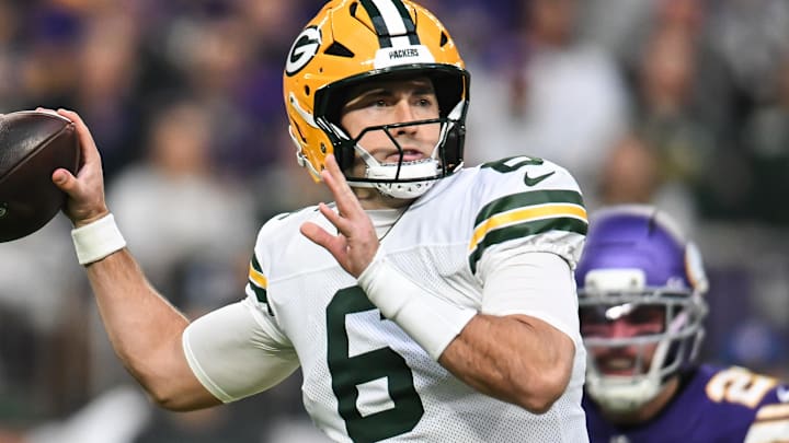 Green Bay Packers quarterback Clayton Tune (6) throws a pass against the Minnesota Vikings. Green Bay Packers quarterback Clayton Tune (6) throws a pass against the Minnesota Vikings.
