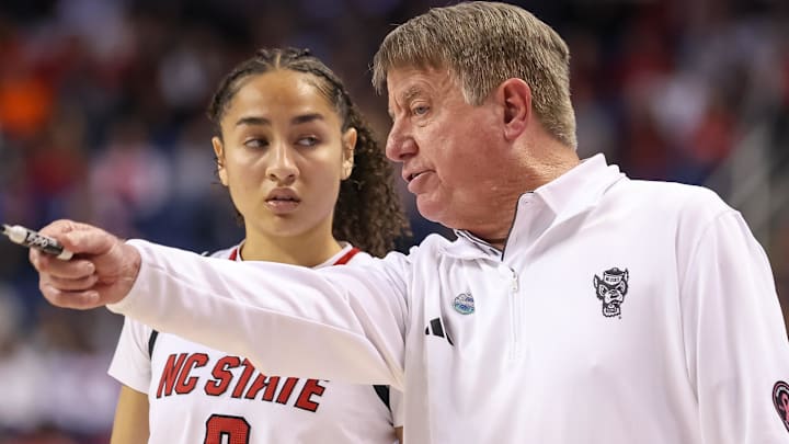 Mar 9, 2025; Greensboro, NC, USA; NC State Wolfpack head coach Wes Moore talks with NC State Wolfpack guard Devyn Quigley (0) during the fourth quarter against Duke Blue Devils at First Horizon Coliseum. Mandatory Credit: Cory Knowlton-Imagn Images Mar 9, 2025; Greensboro, NC, USA; NC State Wolfpack head coach Wes Moore talks with NC State Wolfpack guard Devyn Quigley (0) during the fourth quarter against Duke Blue Devils at First Horizon Coliseum. Mandatory Credit: Cory Knowlton-Imagn Images