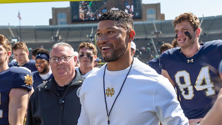 Apr 12, 2025; Notre Dame, IN, USA; Notre Dame Fighting Irish head coach Marcus Freeman smiles as he walks off the field after the Blue-Gold game at Notre Dame Stadium. Mandatory Credit: Michael Caterina-Imagn Images