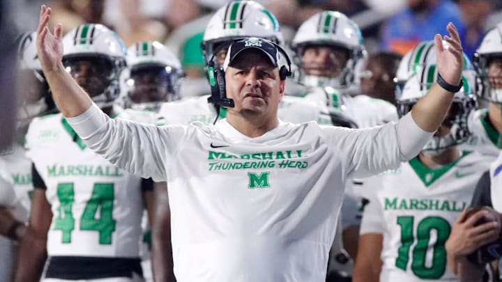 Marshall coach Tony Gibson questions a call on the sidelines during MTSU's Homecoming football game on Saturday, Sept. 20, 2025.