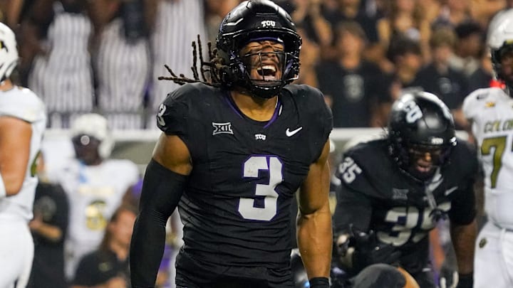 TCU Horned Frogs linebacker Kaleb Elarms-Orr reacts after a defensive play against the Colorado Buffaloes.