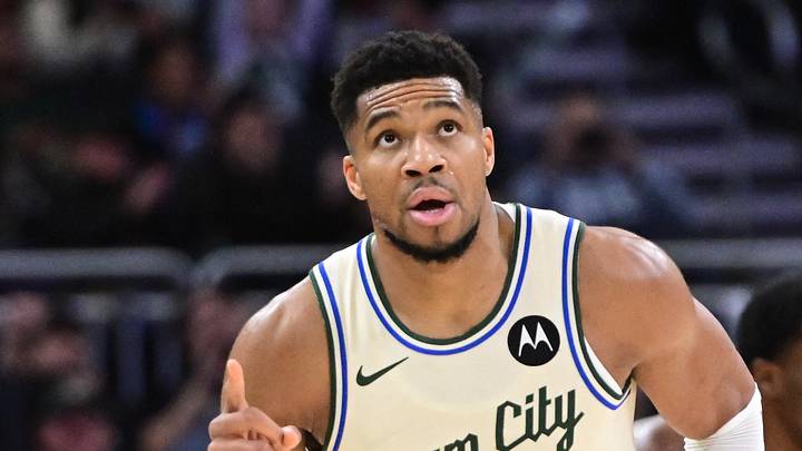 Nov 29, 2025; Milwaukee, Wisconsin, USA; Milwaukee Bucks forward Giannis Antetokounmpo (34) reacts after scoring his 21,000th career point in the third quarter against the Brooklyn Nets at Fiserv Forum. Mandatory Credit: Benny Sieu-Imagn Images