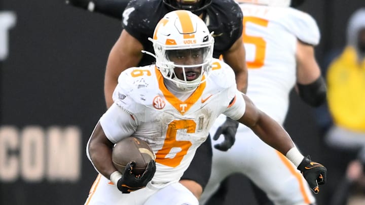 Nov 30, 2024; Nashville, Tennessee, USA;  Tennessee Volunteers running back Dylan Sampson (6) runs the ball against the Vanderbilt Commodores during the second half at FirstBank Stadium. Mandatory Credit: Steve Roberts-Imagn Images