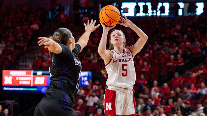 Nebraska guard Claire Johnson shoots against Northwestern State. The Samford transfer scored a game-high 21 points off the bench. Nebraska guard Claire Johnson shoots against Northwestern State. The Samford transfer scored a game-high 21 points off the bench.