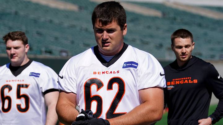 Cincinnati Bengals offensive tackle Brian Parker II (62) lines up for a drill during a rookie mini camp workout at the Bengals practice facility in downtown Cincinnati on Friday, May 8, 2026.