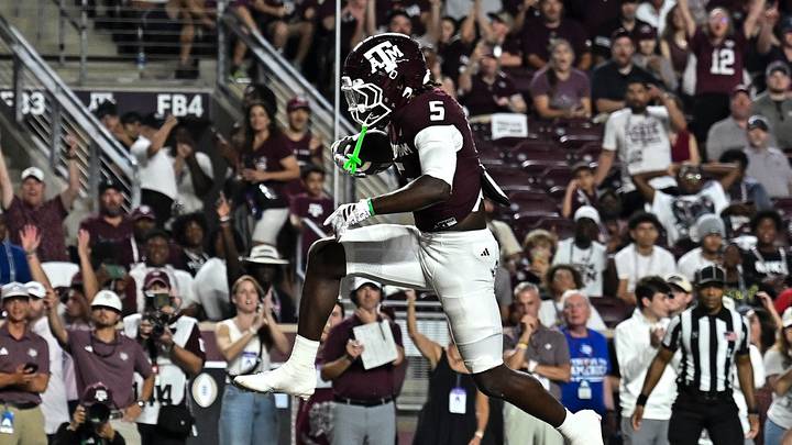 Sep 5, 2026; College Station, Texas, USA; Texas A&M Aggies running back Carsyn Baker (5) scores a touchdown during the fourth quarter against the Missouri State Bears at Kyle Field. Mandatory Credit: Maria Lysaker-Imagn Images Sep 5, 2026; College Station, Texas, USA; Texas A&M Aggies running back Carsyn Baker (5) scores a touchdown during the fourth quarter against the Missouri State Bears at Kyle Field. Mandatory Credit: Maria Lysaker-Imagn Images