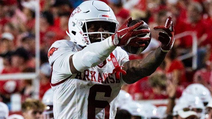 Arkansas Razorbacks wide receiver Chris Marshall celebrates after making a first down against Utah on Saturday, Sept. 12, 2026. Arkansas Razorbacks wide receiver Chris Marshall celebrates after making a first down against Utah on Saturday, Sept. 12, 2026.