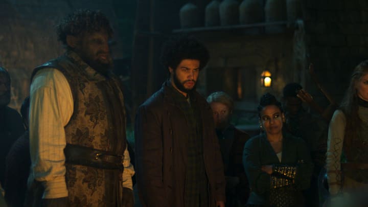 Hammed Animashaun (Loial), Marcus Rutherford (Perrin Aybara), Priyanka Bose (Alanna Mosvani) in The Wheel of Time season 3. Image: Prime Video.