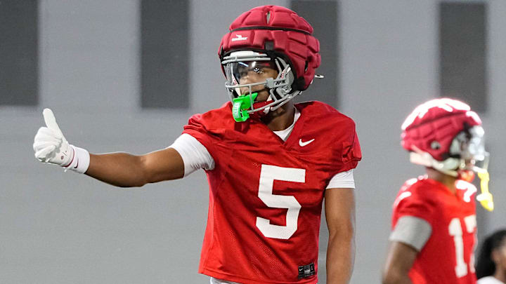 Ohio State Buckeyes wide receiver Mylan Graham (5) motions during spring football practice at the Woody Hayes Athletic Center on March 17, 2025.