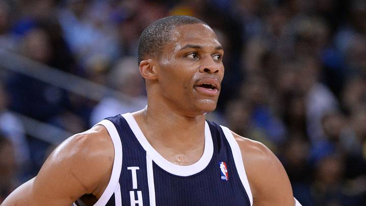 April 11, 2013; Oakland, CA, USA; Oklahoma City Thunder point guard Russell Westbrook (0) looks on during the third quarter against the Golden State Warriors at Oracle Arena. The City Thunder defeated the Warriors 116-97. Mandatory Credit: Kyle Terada-USA TODAY Sports