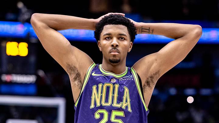 Dec 30, 2024; New Orleans, Louisiana, USA;  New Orleans Pelicans guard Trey Murphy III (25) reacts to a foul called against the LA Clippers during the second half at Smoothie King Center. Mandatory Credit: Stephen Lew-Imagn Images