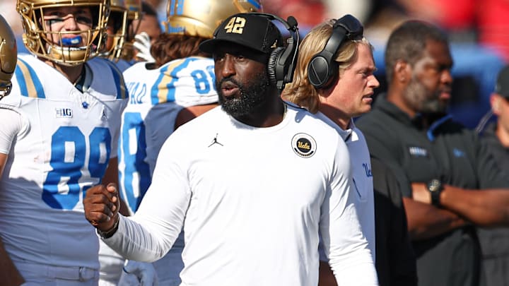 Oct 19, 2024; Piscataway, New Jersey, USA; UCLA Bruins head coach DeShaun Foster during the second half against the Rutgers Scarlet Knights at SHI Stadium. Mandatory Credit: Vincent Carchietta-Imagn Images