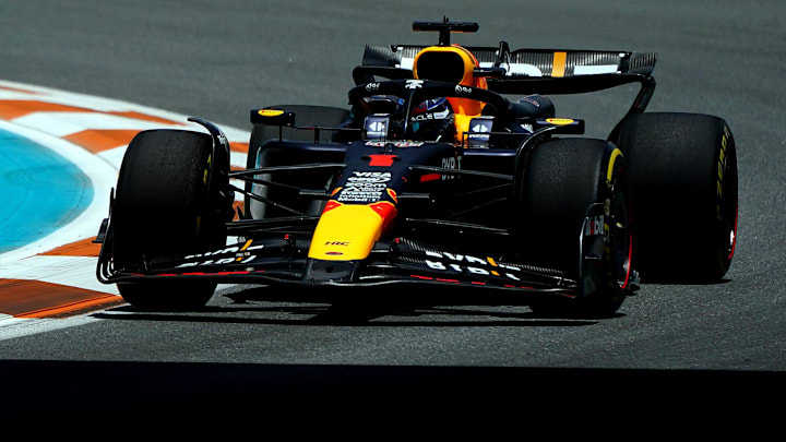 May 3, 2024; Miami Gardens, Florida, USA; Red Bull Racing driver Max Verstappen (1) races into turn three during F1 practice at Miami International Autodrome. Mandatory Credit: John David Mercer-Imagn Images