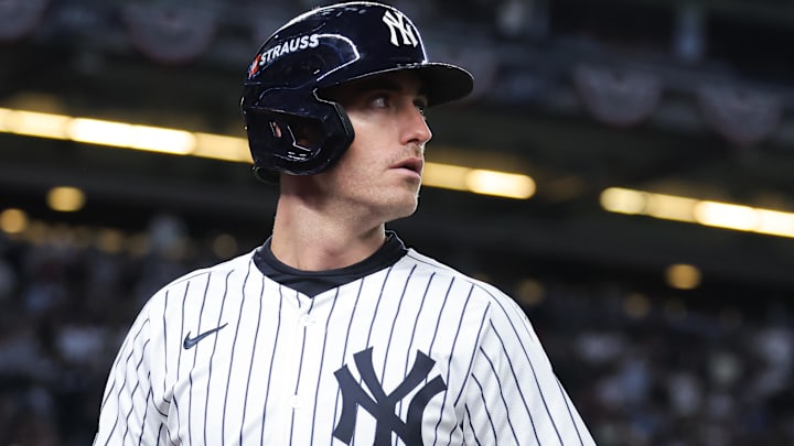 Oct 1, 2025; Bronx, New York, USA; New York Yankees left fielder Cody Bellinger (35) reacts after flying out during the third inning against the Boston Red Sox during game two of the Wildcard round for the 2025 MLB playoffs at Yankee Stadium. Mandatory Credit: Brad Penner-Imagn Images