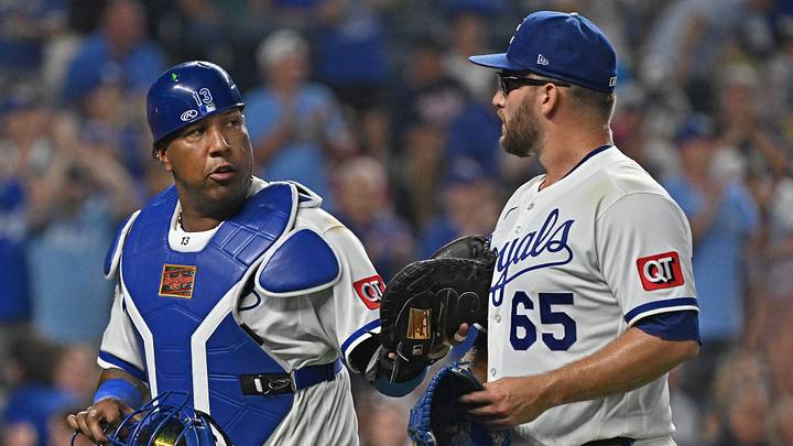 Aug 5, 2026; Kansas City, Missouri, USA; Kansas City Royals catcher Salvador Perez (13) talks with starting pitcher Noah Cameron (65), as they walk off the field in the eighth inning at Kauffman Stadium. Mandatory Credit: Peter Aiken-Imagn Images Aug 5, 2026; Kansas City, Missouri, USA; Kansas City Royals catcher Salvador Perez (13) talks with starting pitcher Noah Cameron (65), as they walk off the field in the eighth inning at Kauffman Stadium. Mandatory Credit: Peter Aiken-Imagn Images