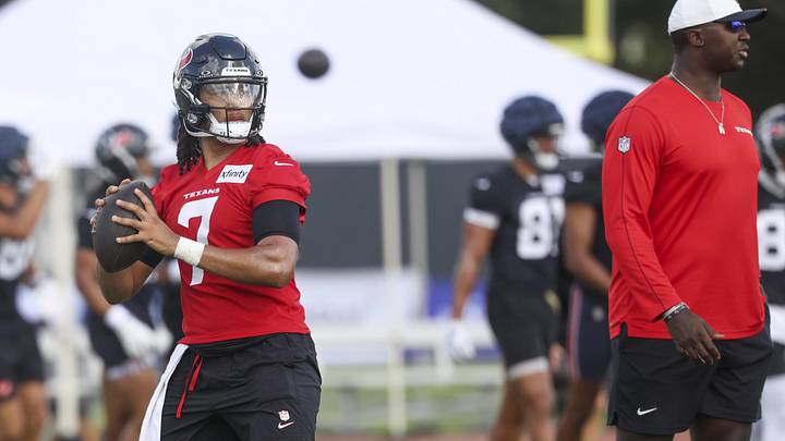 Jul 23, 2025; Houston, TX, USA;  Houston Texans quarterback C.J. Stroud (7) during training camp at Houston Methodist Training Center. Mandatory Credit: Troy Taormina-Imagn Images