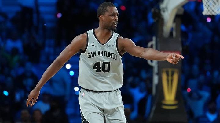 Dec 13, 2025; Las Vegas, Nevada, USA; San Antonio Spurs forward Harrison Barnes (40) reacts during the third quarter against the Oklahoma City Thunder at T-Mobile Arena. Mandatory Credit: Kirby Lee-Imagn Images