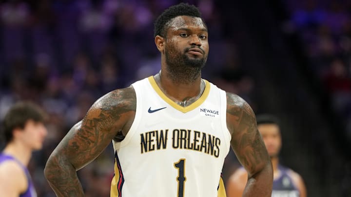 Apr 3, 2026; Sacramento, California, USA; New Orleans Pelicans forward Zion Williamson (1) during the fourth quarter against the Sacramento Kings at Golden 1 Center. Mandatory Credit: Darren Yamashita-Imagn Images