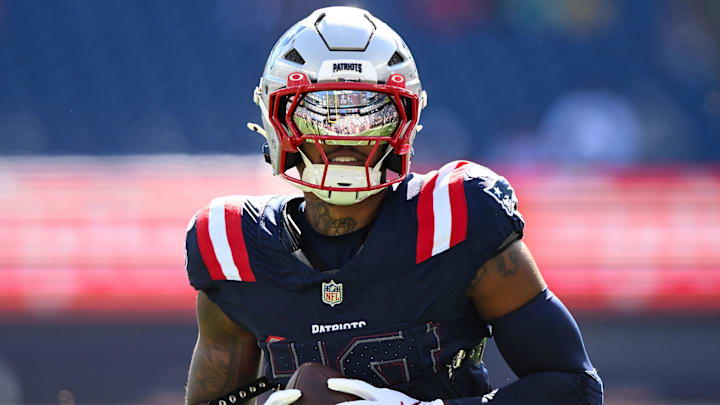 Oct 6, 2024; Foxborough, Massachusetts, USA;  New England Patriots wide receiver Kendrick Bourne (84) runs with the ball before a game against the Miami Dolphins at Gillette Stadium. Mandatory Credit: Brian Fluharty-Imagn Images