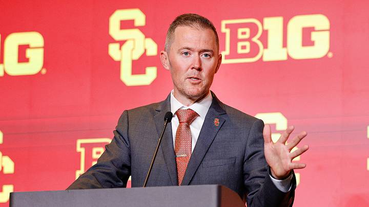 Jul 28, 2026; Chicago, IL, USA; USC Football head coach Lincoln Riley speaks during Media Days at Hilton Chicago. Jul 28, 2026; Chicago, IL, USA; USC Football head coach Lincoln Riley speaks during Media Days at Hilton Chicago.