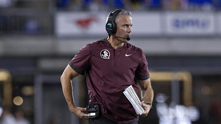 Sep 28, 2024; Dallas, Texas, USA; Florida State Seminoles head coach Mike Norvell looks on during the second half against the Southern Methodist Mustangs at Gerald J. Ford Stadium. Mandatory Credit: Jerome Miron-Imagn Imagesf Sep 28, 2024; Dallas, Texas, USA; Florida State Seminoles head coach Mike Norvell looks on during the second half against the Southern Methodist Mustangs at Gerald J. Ford Stadium. Mandatory Credit: Jerome Miron-Imagn Imagesf
