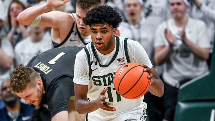Michigan State's Jase Richardson steals the ball from Purdue during the second half on Tuesday, Feb. 18, 2025, at the Breslin Center in East Lansing.