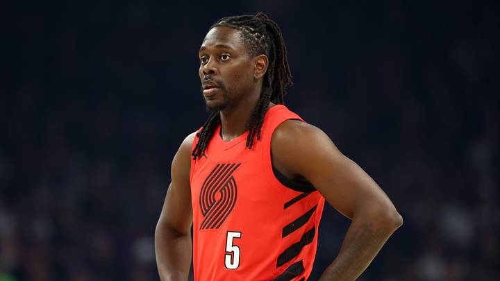 Apr 14, 2026; Phoenix, Arizona, USA; Portland Trail Blazers guard Jrue Holiday (5) against the Phoenix Suns during the play-in rounds of the 2026 NBA Playoffs at Mortgage Matchup Center. Mandatory Credit: Mark J. Rebilas-Imagn Images