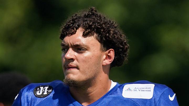 Indianapolis Colts offensive tackle Jalen Travis walks up the field Indianapolis Colts offensive tackle Jalen Travis walks up the field