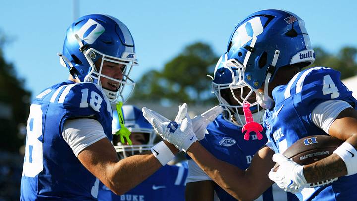 Sep 26, 2026; Durham, North Carolina, USA; Duke Blue Devils wide receiver Jaivon Solomon (4) celebrates his touchdown with Brody Keefe (18) celebrate during the second quarter against the William & Mary Tribe at Wallace Wade Stadium. Mandatory Credit: Zachary Taft-Imagn Images Sep 26, 2026; Durham, North Carolina, USA; Duke Blue Devils wide receiver Jaivon Solomon (4) celebrates his touchdown with Brody Keefe (18) celebrate during the second quarter against the William & Mary Tribe at Wallace Wade Stadium. Mandatory Credit: Zachary Taft-Imagn Images