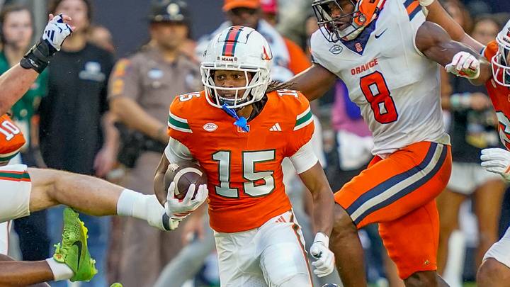 Nov 8, 2025; Miami Gardens, Florida, USA; Miami Hurricanes wide receiver Daylyn Upshaw (15) rushes after a reception against the Syracuse Orange during the second quarter at Hard Rock Stadium. Mandatory Credit: Jeff Romance-Imagn Images Nov 8, 2025; Miami Gardens, Florida, USA; Miami Hurricanes wide receiver Daylyn Upshaw (15) rushes after a reception against the Syracuse Orange during the second quarter at Hard Rock Stadium. Mandatory Credit: Jeff Romance-Imagn Images