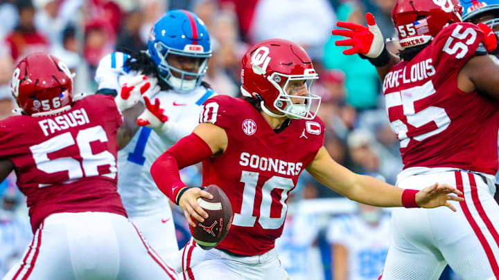 Oklahoma quarterback John Mateer was under pressure against Ole Miss.