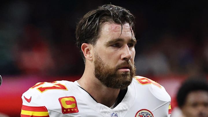 Feb 9, 2025; New Orleans, LA, USA; Kansas City Chiefs tight end Travis Kelce (87) walks off the field at the end of the first half of Super Bowl LIX at Caesars Superdome. Mandatory Credit: Geoff Burke-Imagn Images